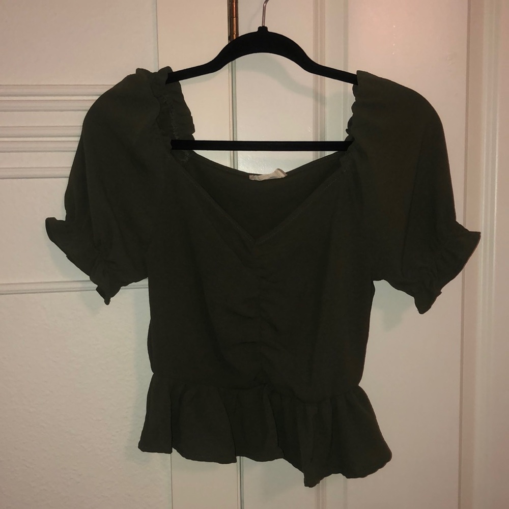 Army green shirt with ruffles from Altar’d State. Size Small